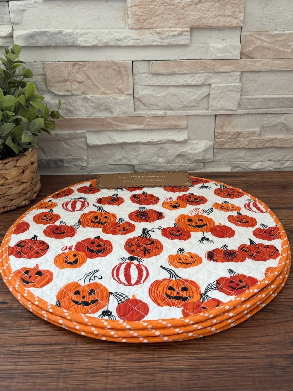 🆕 Cupcakes and Cashmere Reversible Quilted Halloween Round Placemats - Set of 4.